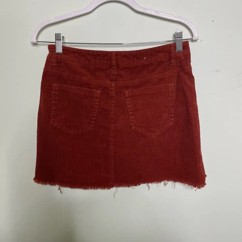 Indigo Rein Corduroy A-Line Mini Skirt Button Front Raw Hem Burnout‎ Orange 3/25